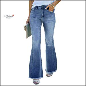 Flare Bell Bottom Jeans High Waist Stretch Raw Hem Denim Pants